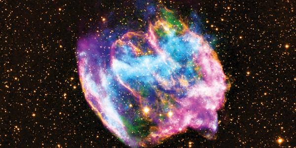 Supernova remnants like W49B (shown in X-ray, radio and infrared light) accelerate electrons and protons to high energies in shock waves.