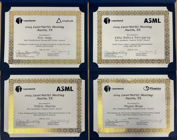 Award Certificates from the 2024 LaserNetUS Meeting