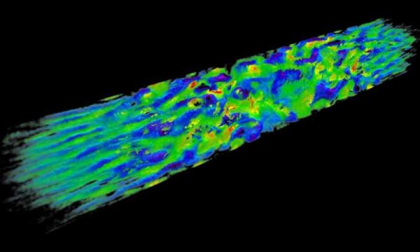 Computer simulations show the turbulent structure of the magnetic field in two shock waves moving away from each other.