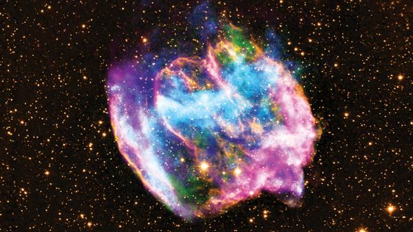 Supernova remnants like W49B (shown in X-ray, radio and infrared light) accelerate electrons and protons to high energies in shock waves.