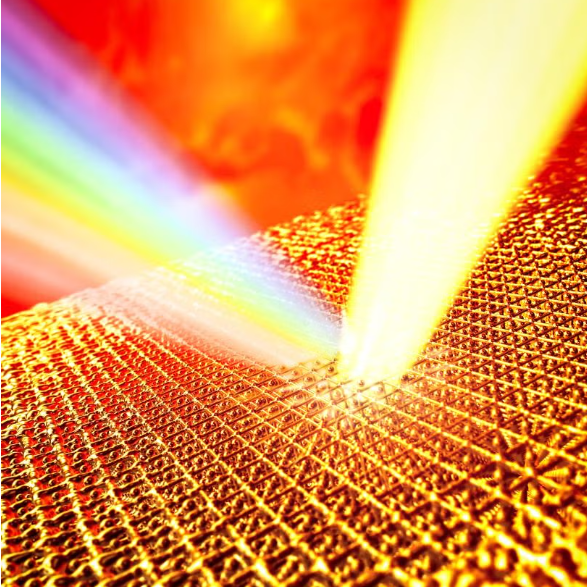 Graphic representation shows a pulse of yellow light hitting a lattice and diffracting into a spectrum of color