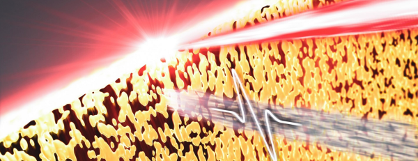 A short laser pulse (red) heats a sheet of aluminum, causing it to melt and break up into droplets. Below, a terahertz pulse (gray) passes through the now molten metal.
